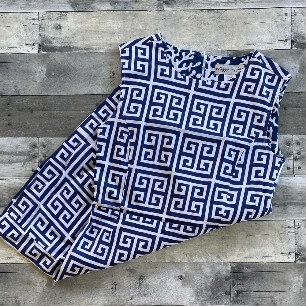 Dizzy Lizzie navy blue geometric shift dress